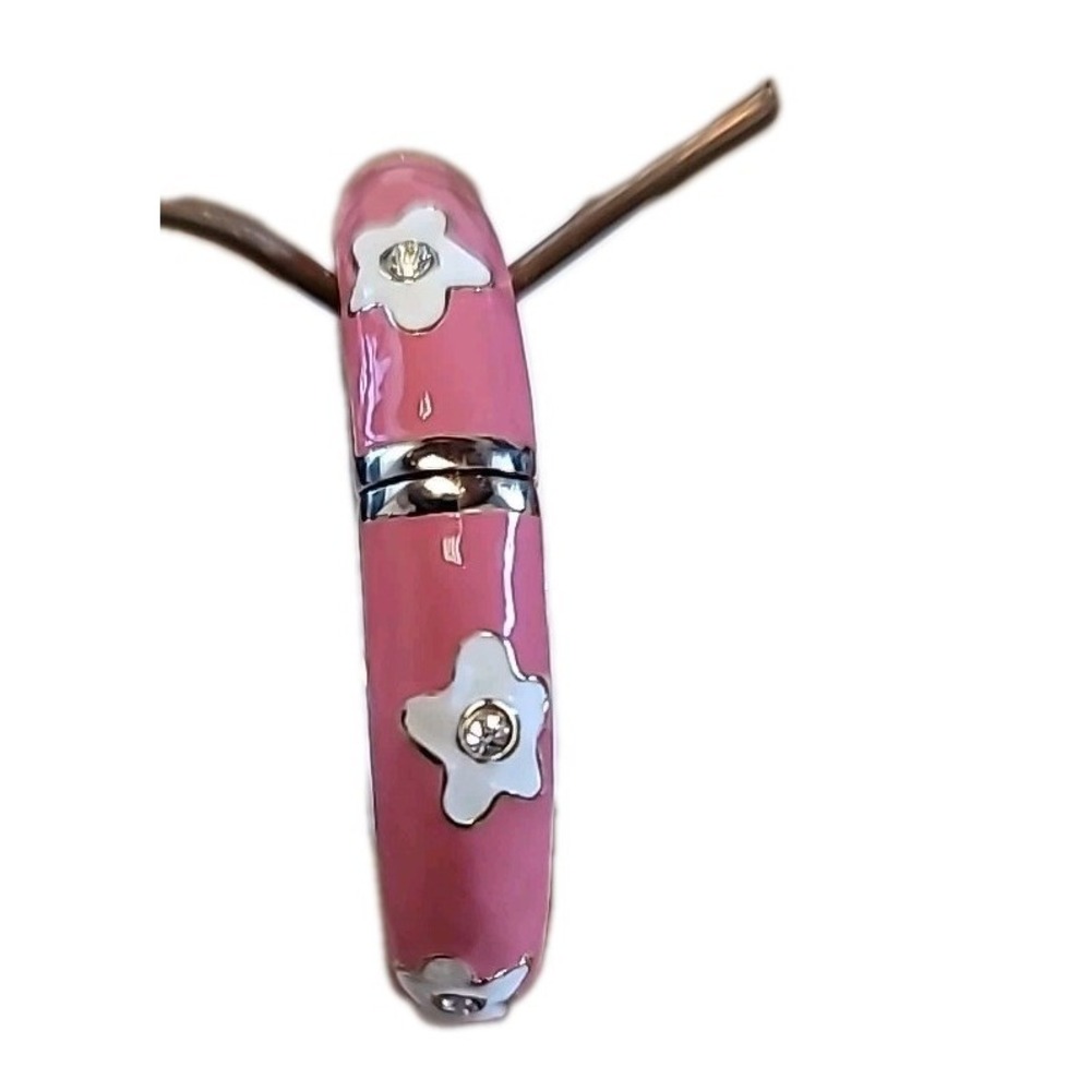 Twos‎ Company Pink White Floral Crystal Hinge Bangle Bracelet Gold Tone Enamel
